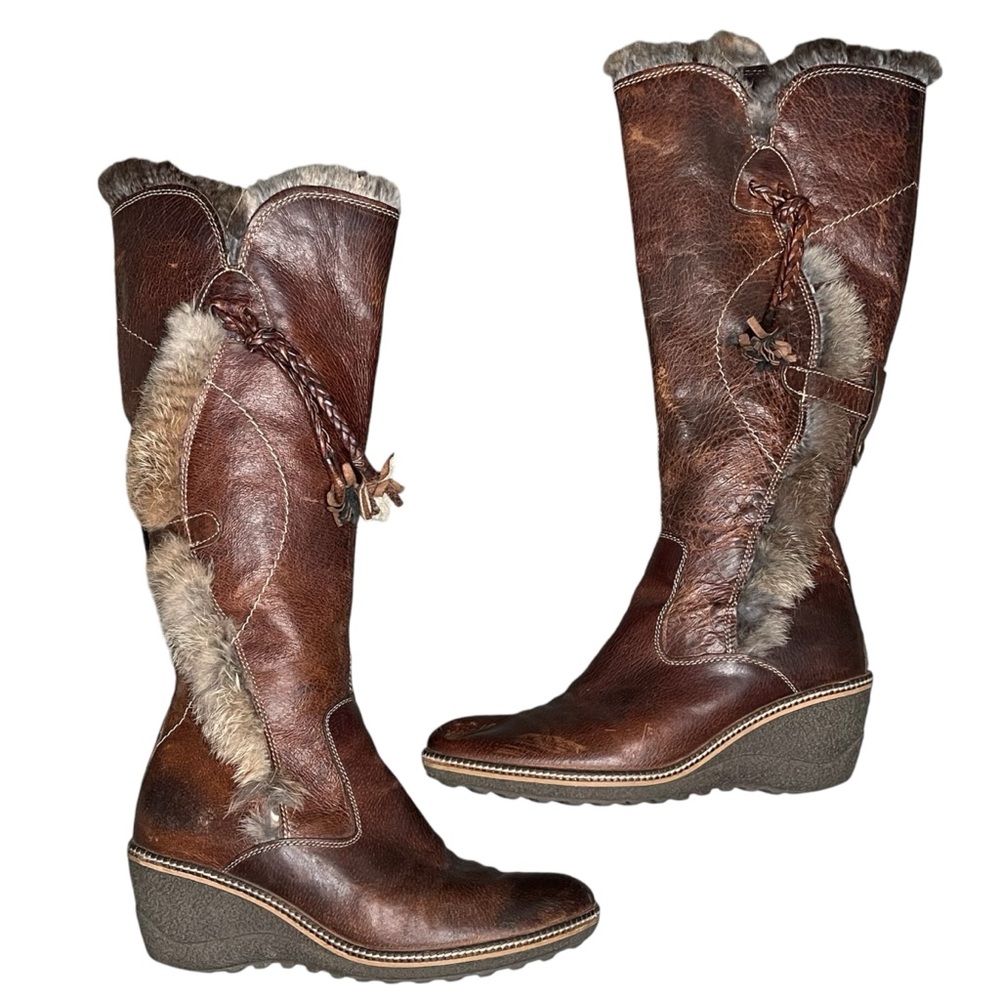 Vintage brown leather and wool wedge mid-calf boots.